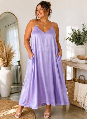 Daily Practice Lavender Satin Slip Midi Dress 2X Pockets Flowy Boho